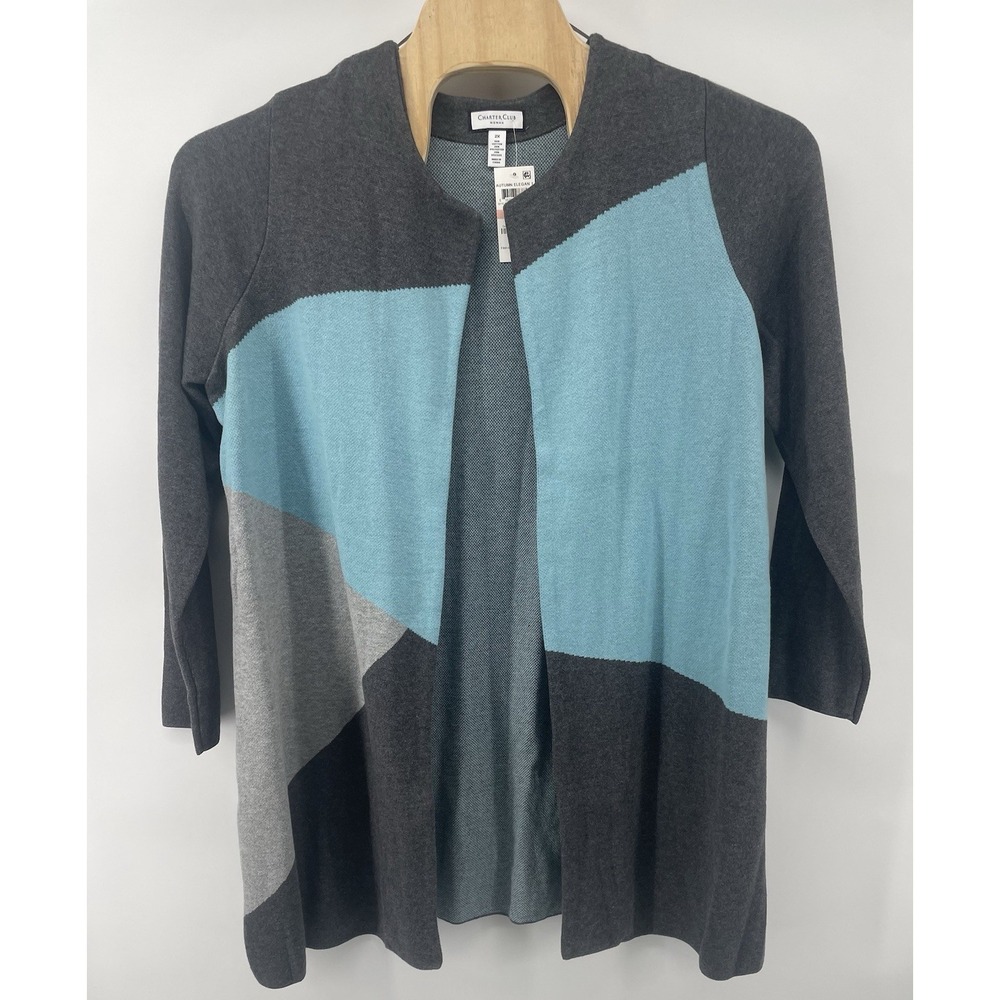 Charter Club Cardigan Women 2X Blue Grey Colorblock Open Front Chic Office NWT